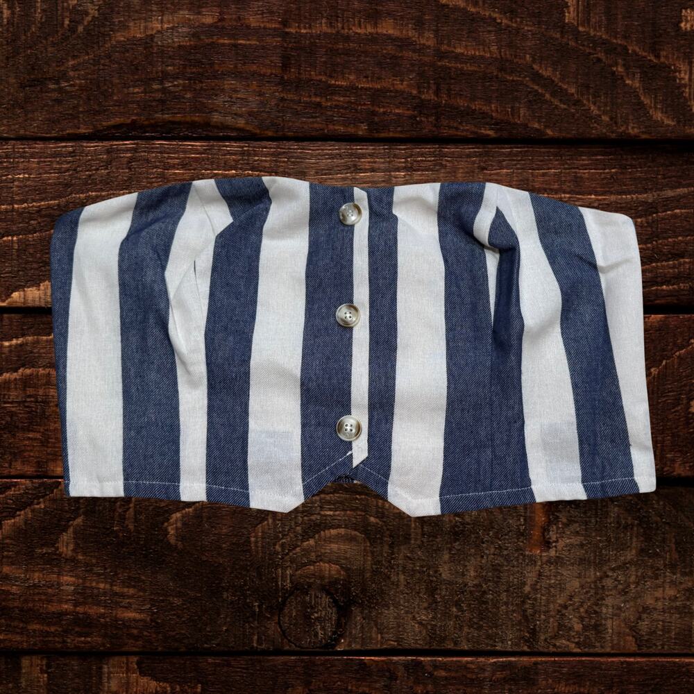 Anthropologie Flat White Striped Strapless Button-Front Cropped Tube Top XL - Picture 2 of 8